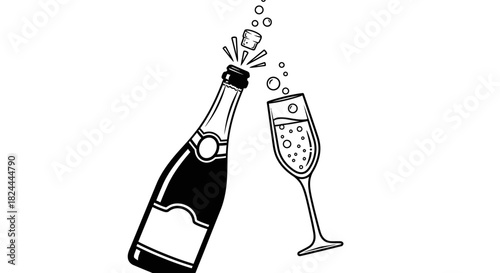Illustration of a champagne bottle popping its cork with a glass of champagne.