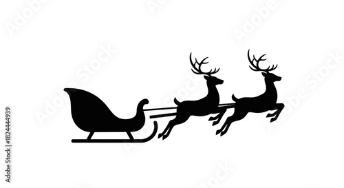 A black silhouette of two reindeer pulling Santa's sleigh against a plain white background.