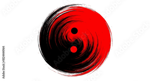 A dynamic, brushstroke-style Yin and Yang symbol in black and red, swirling on a white background, representing balance and duality.