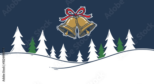 Cartoon Christmas bells with a red bow hanging over a snowy winter forest landscape at night.