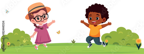 happy kids play outdoors summer season green grass cartoon vector illustration