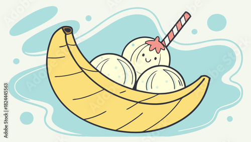 Cartoon banana split with ice cream scoops and a striped straw on a light blue background design