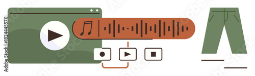 Music player interface featuring play, stop, and navigation buttons with soundwave graphic bar alongside green pants. Ideal for media, e-commerce, music, fashion, technology, design education