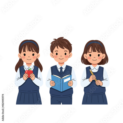 Illustrative depiction of primary school pupils in uniform engaging with scholastic items
