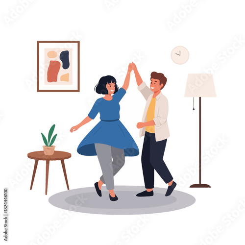 Joyful domestic moment: Couple dancing in cozy living room enjoying carefree time together