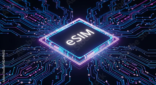 Close up of esim chip on a circuit board with glowing blue and purple lights and intricate pathways