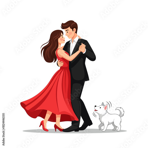 Elegant evening dance: a romantic couple with their playful companion in a graceful scene