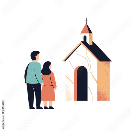 Couple contemplates a quaint chapel facade representing faith and companionship in illustration