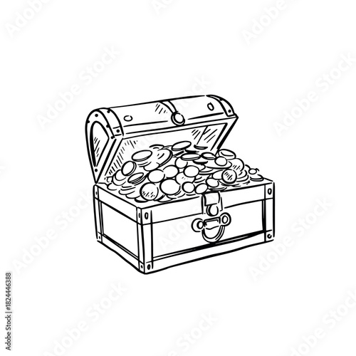 Pirates treasure chest with coins inside. Drawn in hand in black line. 