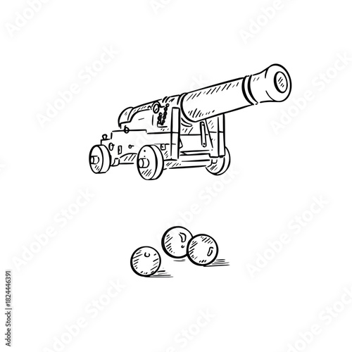 A cannon and cannon balls illustration drawn by hand in black line.