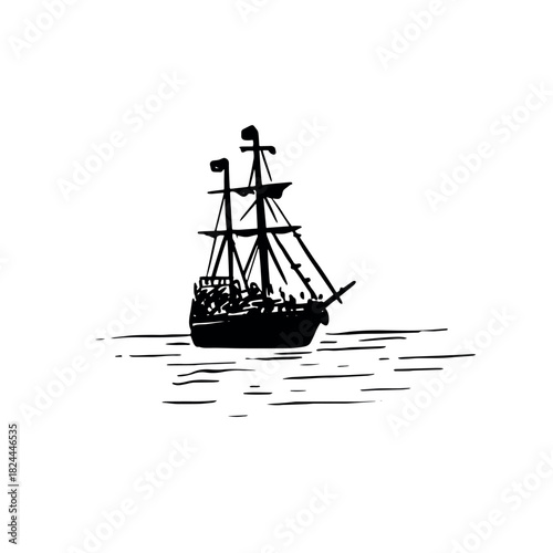 A silhouette of a pirate ship sailing on water in the distance.