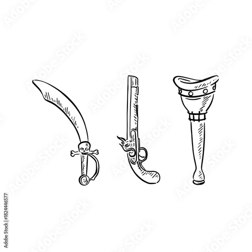Three items; a pirate sword, gun and peg leg. All hand drawn in black.