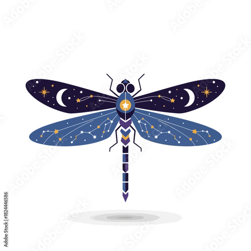 Celestial dragonfly illustration with intricate star constellations and cosmic patterns, ethereal
