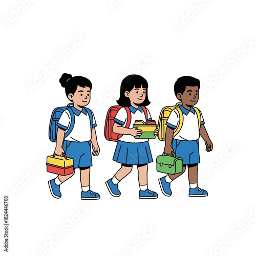 Illustrative depiction of students progressing to school, brimming with youthful enthusiasm and