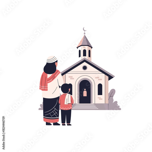 Generational connection: Muslim family observes a serene moment at a mosque's threshold