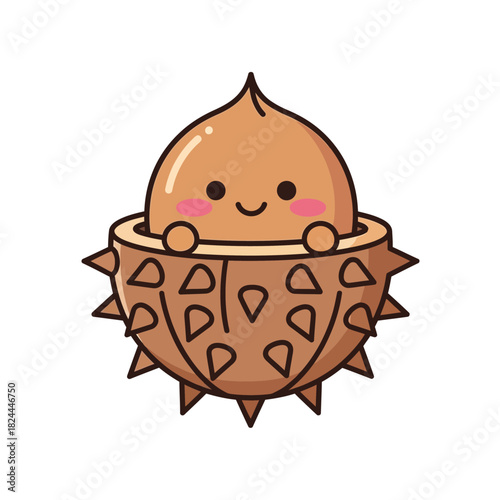 A cute chestnut character with a smiling face nestled in its spiky shell and rounded form