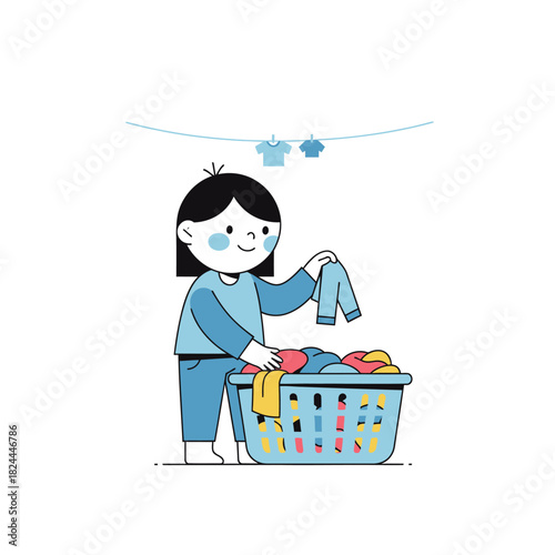 Girl doing laundry duties with basket full of clothes hanging on clothesline