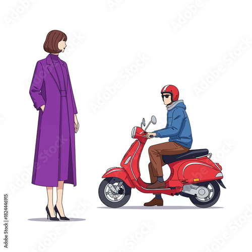 Stylish encounters: A woman in a coat and a man on a scooter convey urban charm and a sense of