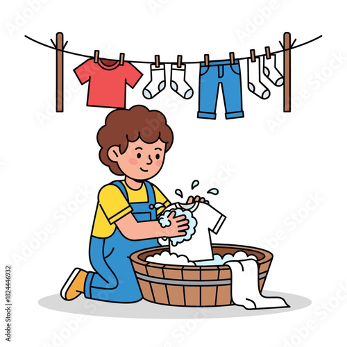 Childhood domesticity: A boy diligently handwashing clothes with care and attention to cleanliness