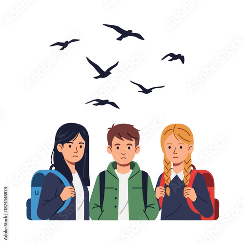 Melancholic trio watches birds fly away conveying feelings of longing and nostalgia