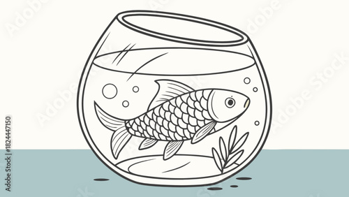 A fish swimming in a fishbowl with water and some plants on a blue surface in a simple drawing style
