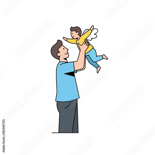 A depiction of a father joyfully lifting his child adorned with symbolic wings portraying cherubic