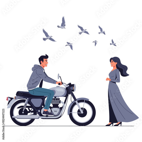 Motorcycle journey anticipation romantic encounter with birds soaring overhead illustration
