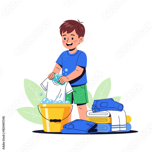 Boy engaging in laundry activities demonstrates responsibility and household chores