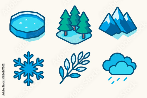 Isometric Frozen Landscape. Frozen Wilderness flat icon set: icy lake, pine forest, mountain ridge, snowflake, frosty branch, cloudy sky