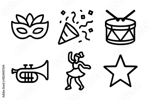 Festive Icon Parade. Festive Celebration linear icon set: mask, confetti, drum, trumpet, dancer, star