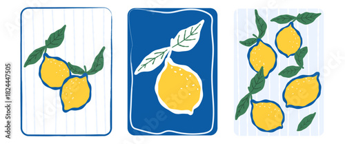 Colorful Mediterranean Italian posters with bright lemons, vibrant citrus art prints for kitchen décor, wall art and summer design