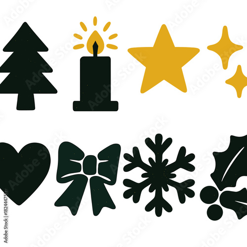 Brutalist Holiday Icons. Season spirit silhouette icon set : pine tree, glowing candle, star, sparkle, heart, ribbon bow, snowflake, holly leaf