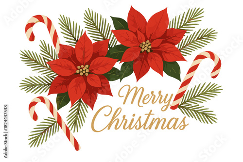 Elegant Christmas Greeting. A holiday greeting card featuring lush poinsettias, candy canes, and pine branches, arranged artistically on a light beige background. The words 'Merry