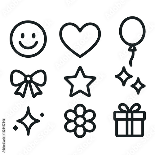 Joyful Icon Set. Joyful spirit linear icon set : smiling face, heart, star, balloon, ribbon, sparkle, flower, gift box