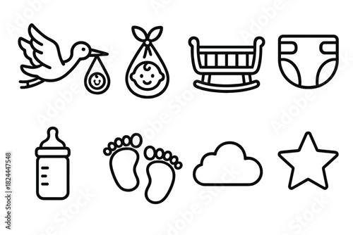 Baby Delivery Icons. Baby delivery concept linear icon set: flying stork, baby bundle, cradle, diaper, milk bottle, tiny feet, cloud, star