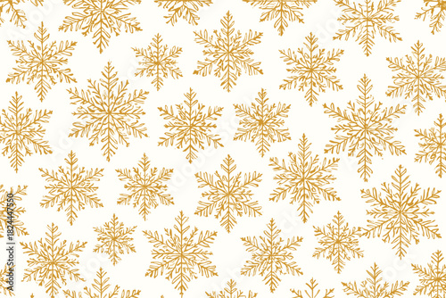 Golden Snowflake Elegance. Golden snowflakes are delicately arrayed in a repeating pattern, each flake unique and intricately detailed. The background is a crisp white, making the