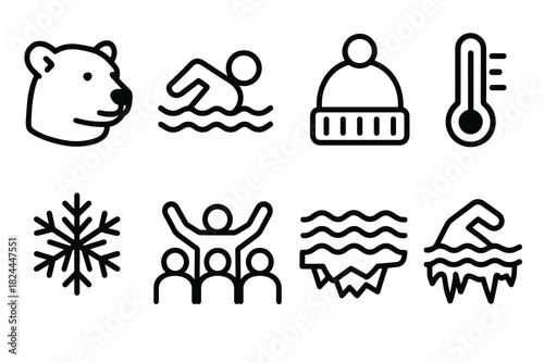 Polar Plunge Icons. Polar Bear Plunge Set linear icon set: polar bear icon, icy water, swimmer silhouette, winter hat, thermometer, snowflake, cheering crowd, frozen waves