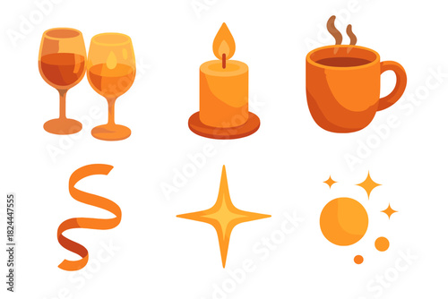 Cozy Evening Icons. Evening Warmth flat icon set : wine glass pair, candlelight, cozy mug, ribbon swirl, shining star, festive glow