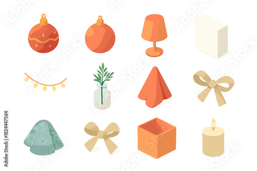 Modern Minimalist Icons. Modern Minimalist flat icon set: single ornament, matte bauble, soft lighting, clean white wall, subtle garland, glass vase with pine, folded napkin