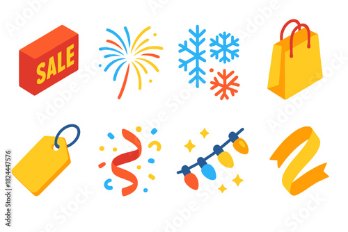 Festive Sale Icons. New Year Clearance flat icon set: bold sale sign, fireworks, snowflakes, shopping bag, price tag, confetti swirl, glowing lights, ribbon