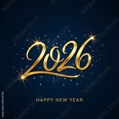 Happy new year 2026 golden glitter text on dark blue background