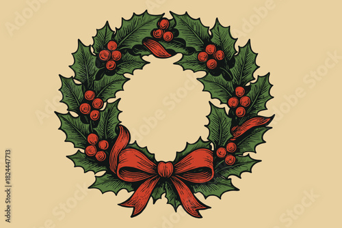Retro Christmas Wreath. Retro-inspired Christmas wreath illustration composed of holly leaves and berries, intertwined with a red ribbon. The wreath is depicted against a subtle