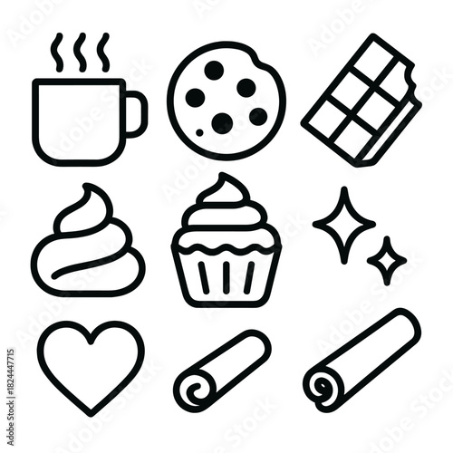 Winter Treats Icons. Winter indulgence linear icon set : steaming mug, cookie, cupcake, chocolate bar, cream swirl, sparkle, cinnamon stick, heart