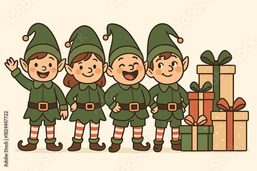Cheerful Elves with Gifts. Group of cheerful elves dressed in green with pointy hats stand next to a pile of wrapped gifts. The elves are arranged in a line, each with distinct