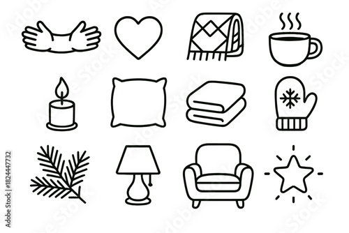 Cozy Icon Set. Cozy Hug linear icon set : open arms, heart, wool blanket, steaming mug, candle flame, soft pillow, folded towel, wool mitten, pine branch, warm light, cozy chair