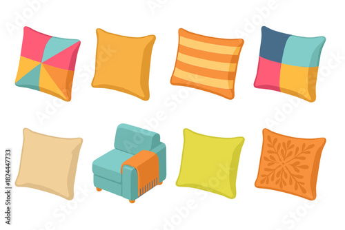Modern Sofa Pillow Icons. Modern Sofa Pillows flat icon set: geometric pattern, linen texture, striped pillow, color block design, neutral tone cushion, throw blanket, couch corner