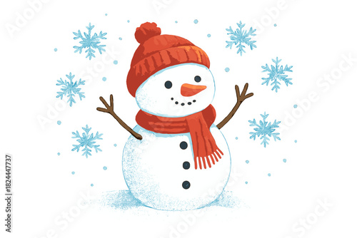 Cheerful Snowman Delight. Snowman wearing a scarf and hat, standing cheerfully in a snowy field. Surrounding him are snowflakes gently falling from the sky. The snowman's