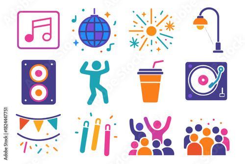 Vibrant Night Celebration. Night Street Celebration set flat icon set: neon lights, disco ball, confetti, fireworks, streetlight, speaker, dancing figure, drink cup, DJ turntable