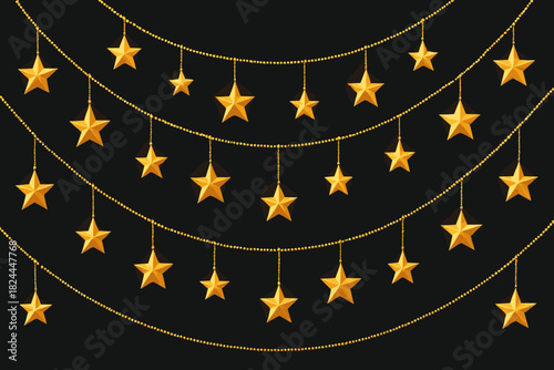 Golden Star Garland. String of golden star garlands hangs gracefully, each star reflecting a soft glow, creating a festive ambiance. The garlands are arranged in parallel lines,