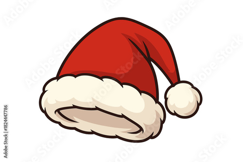 Festive Santa Hat. Santa hat with fluffy white trim and a soft red body, resting at a jaunty angle. The hat creates a cozy and whimsical mood, embodying the spirit of Christmas.